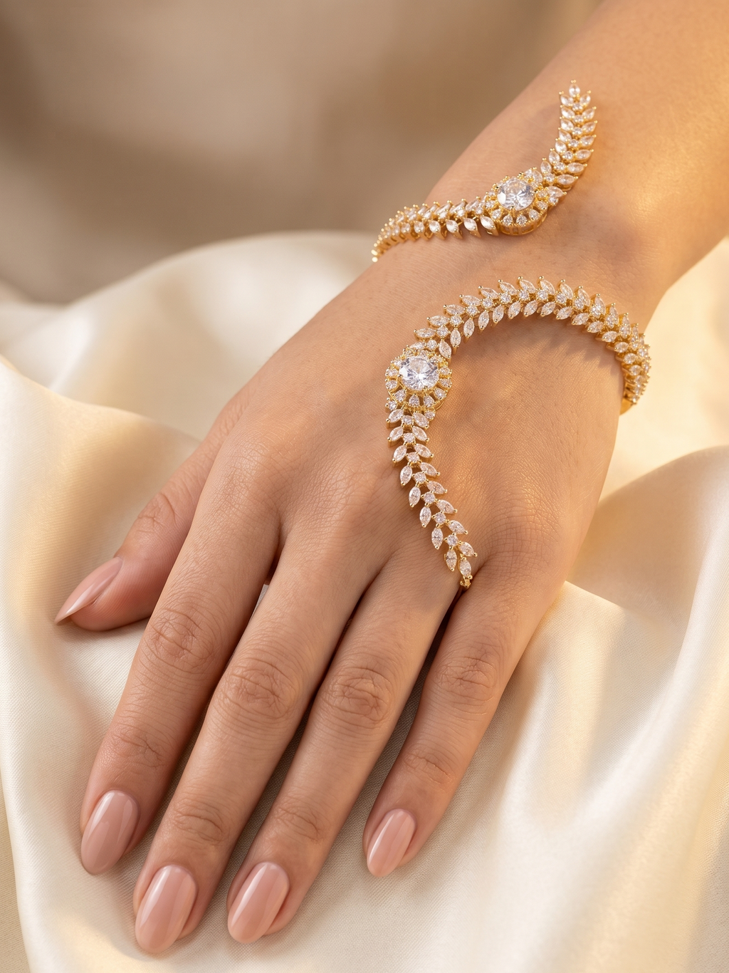 Luxe Bloom CZ Hand Cuff Bracelet for Women | Silver-Tone Cubic Zirconia Statement Hand Bracelet | Party & Bridal Wear