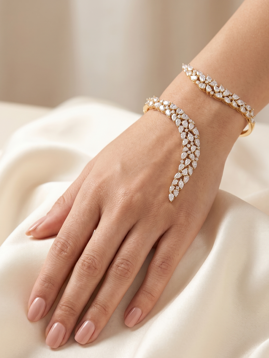 Luxe Bloom Gold CZ Hand Cuff Bracelet for Women | Gold-Tone Cubic Zirconia Statement Hand Bracelet | Party & Bridal Wear