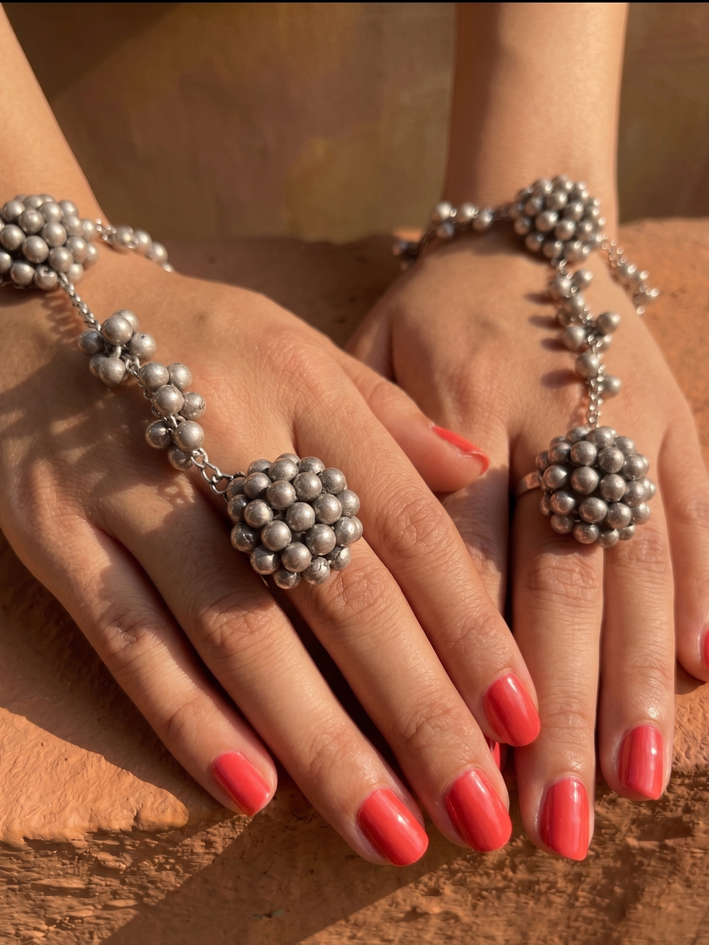 German Silver Hathphool for Women | Oxidised Silver Hand Harness Jewellery | Traditional Statement Hand Bracelet Ring Set