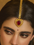 Traditional Gold-Plated Ruby Red Stone Maang Tikka for Women | Antique Filigree Bridal Matha Patti Pendant | Ethnic Wedding & Festive Jewellery