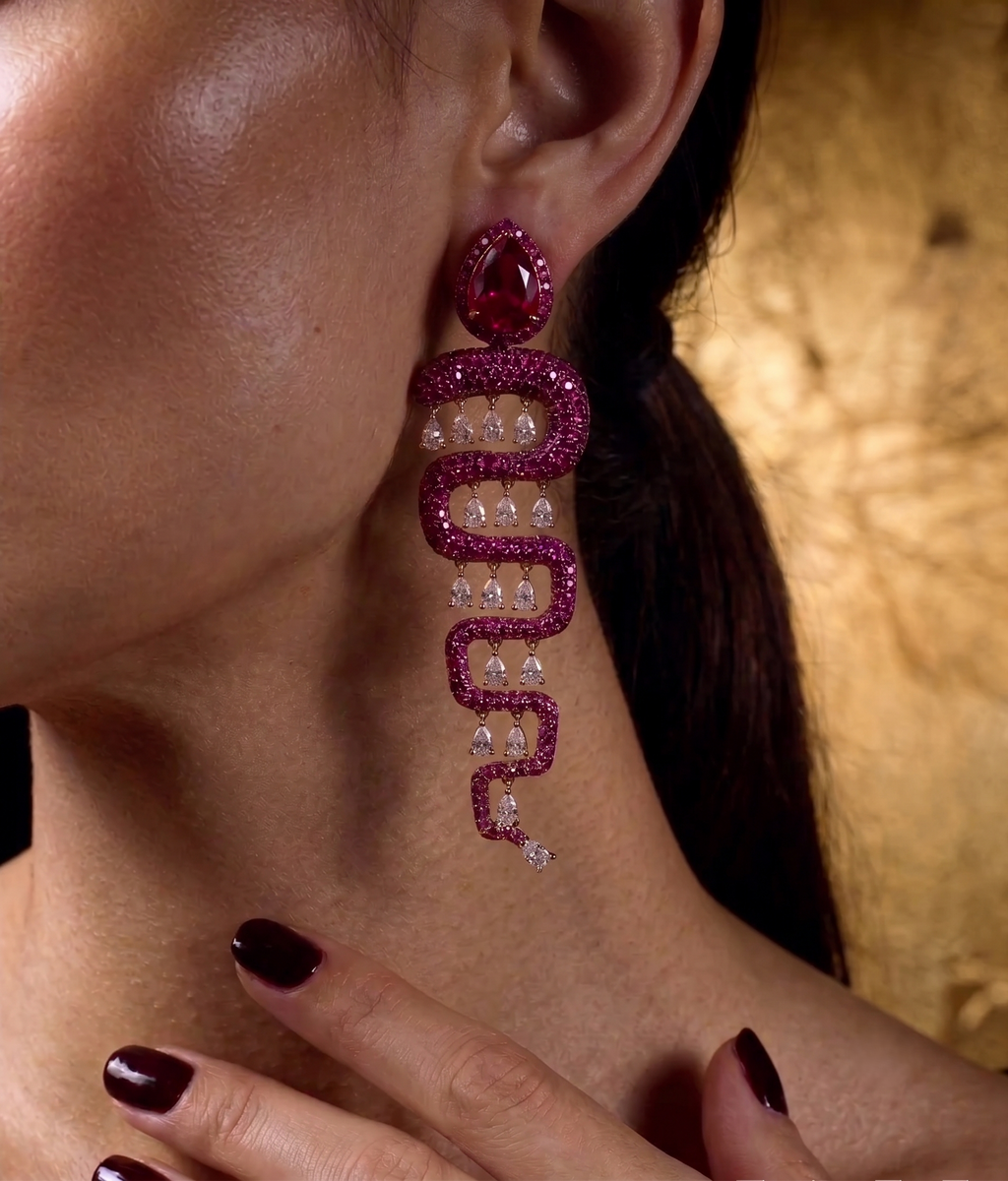 Ruby Red Serpent CZ Statement Drop Earrings for Women