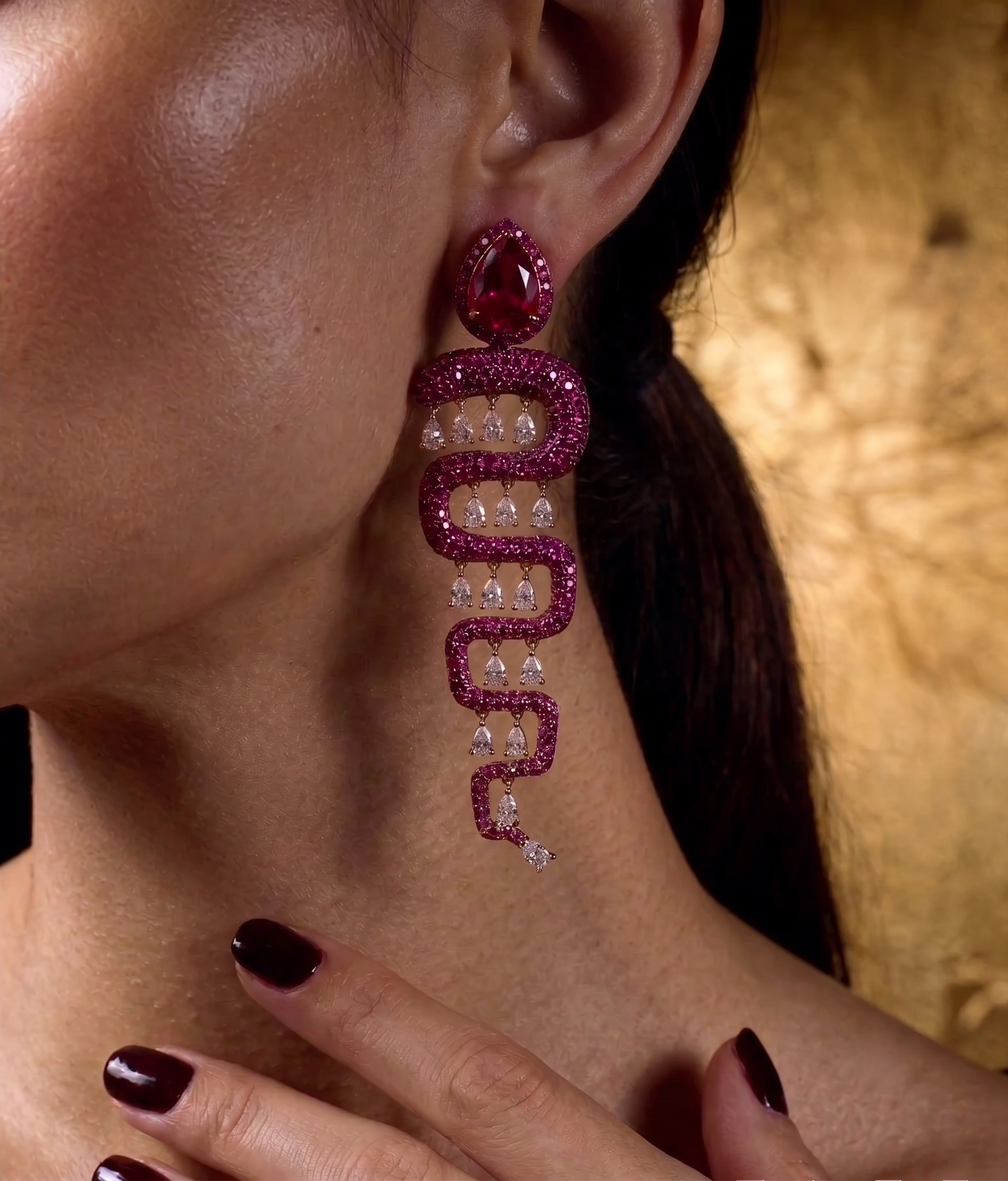 Ruby Red Serpent CZ Statement Drop Earrings for Women