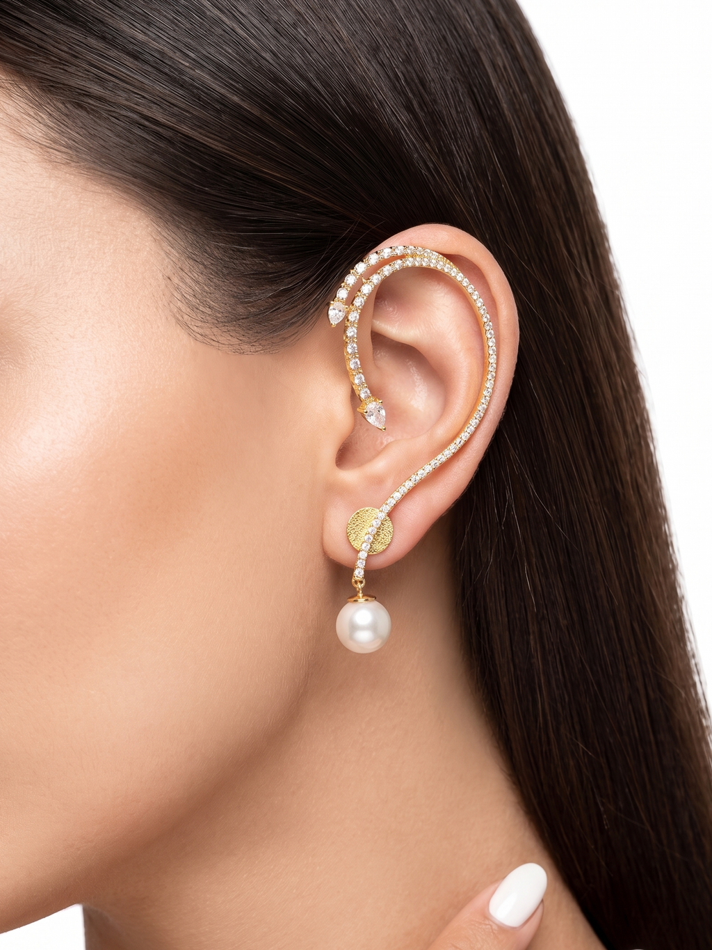 Aurelia Pearl Drop CZ Ear Cuff Earrings – Gold Plated Statement Ear Climber for Women