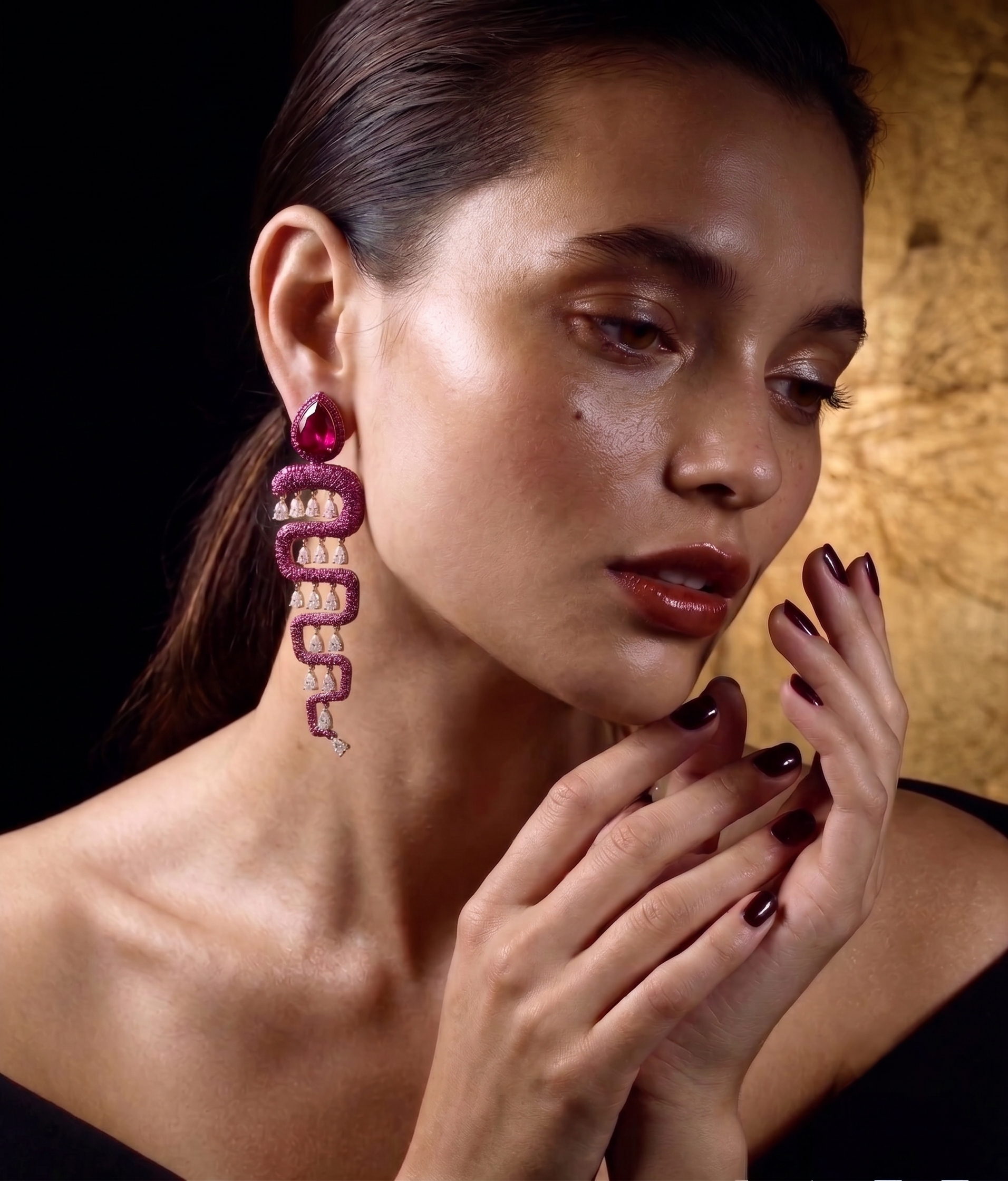 Ruby Red Serpent CZ Statement Drop Earrings for Women