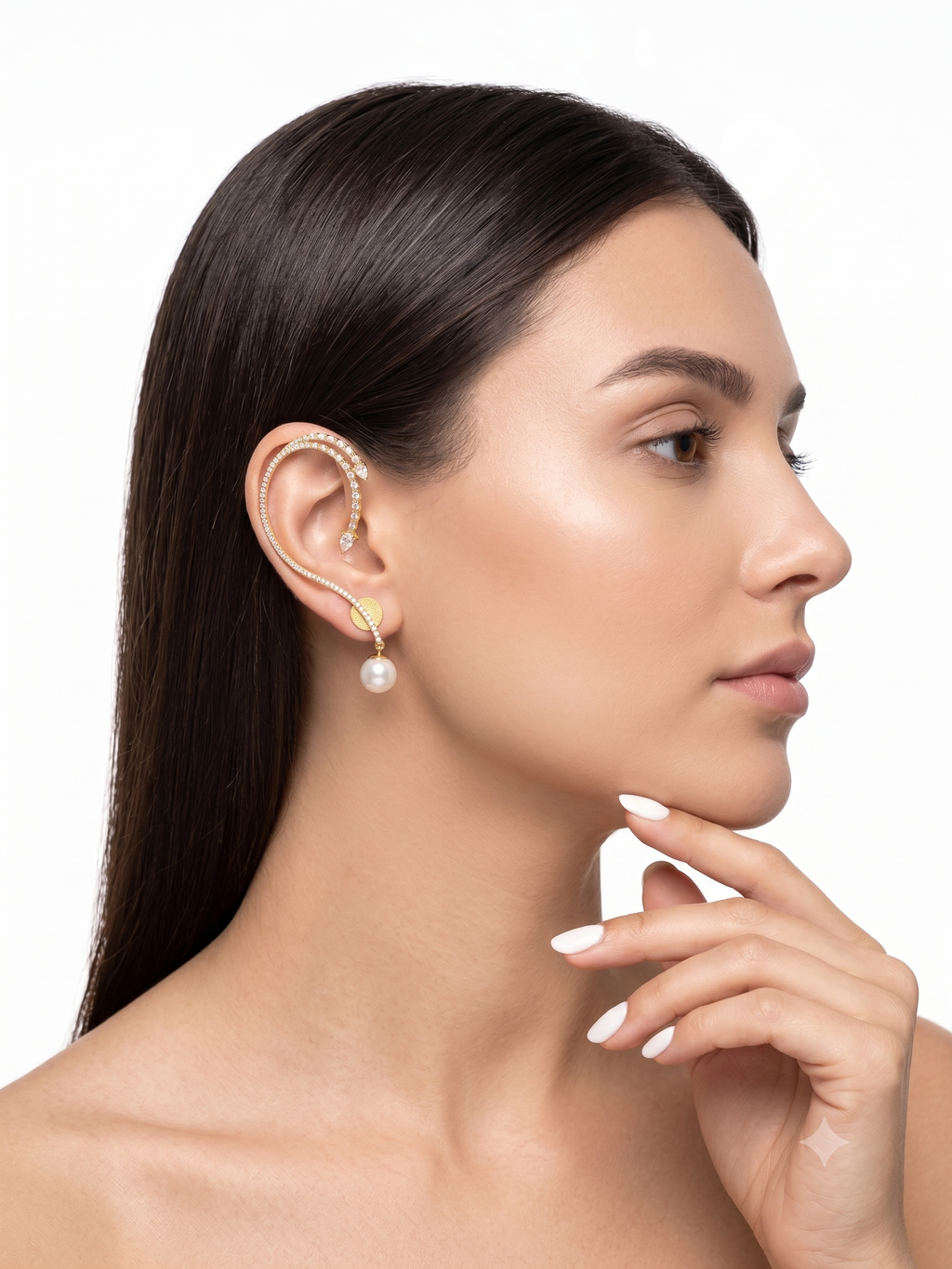 Aurelia Pearl Drop CZ Ear Cuff Earrings – Gold Plated Statement Ear Climber for Women