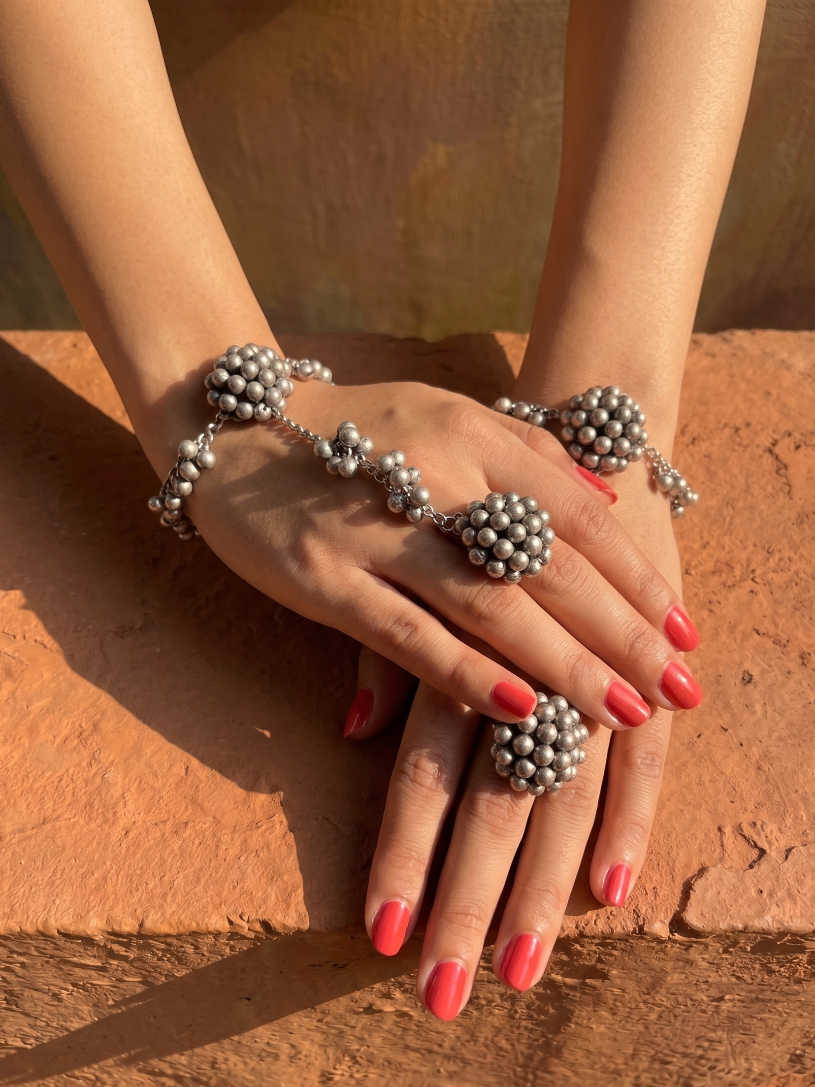 German Silver Hathphool for Women | Oxidised Silver Hand Harness Jewellery | Traditional Statement Hand Bracelet Ring Set