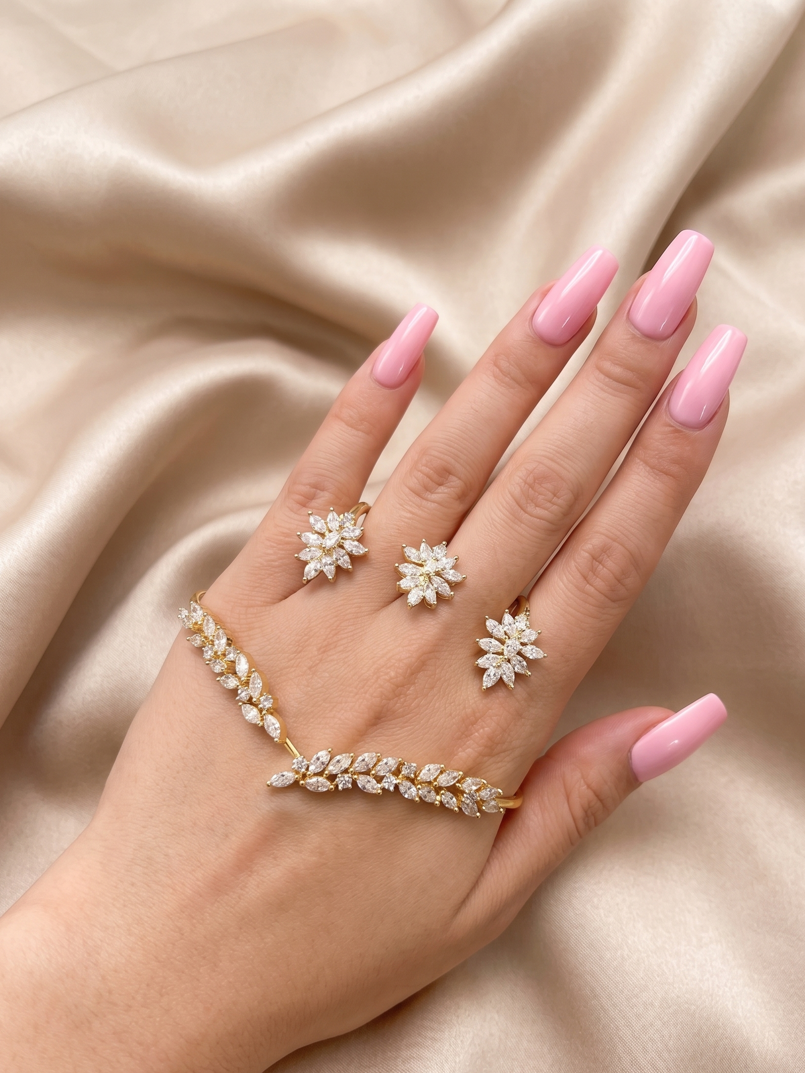 Celeste Bloom Gold CZ Hand Cuff Bracelet for Women | Floral Cubic Zirconia Statement Hand Bracelet | Bridal & Party Wear Jewellery