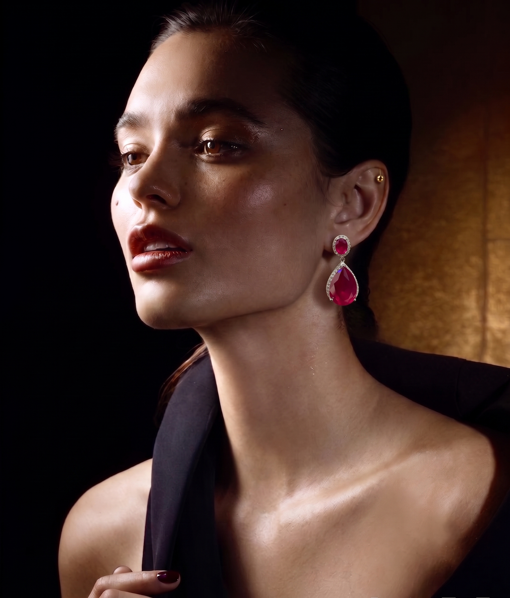 Ruby Red Pear Cut CZ Drop Earrings for Women | Luxury Statement Party Earrings