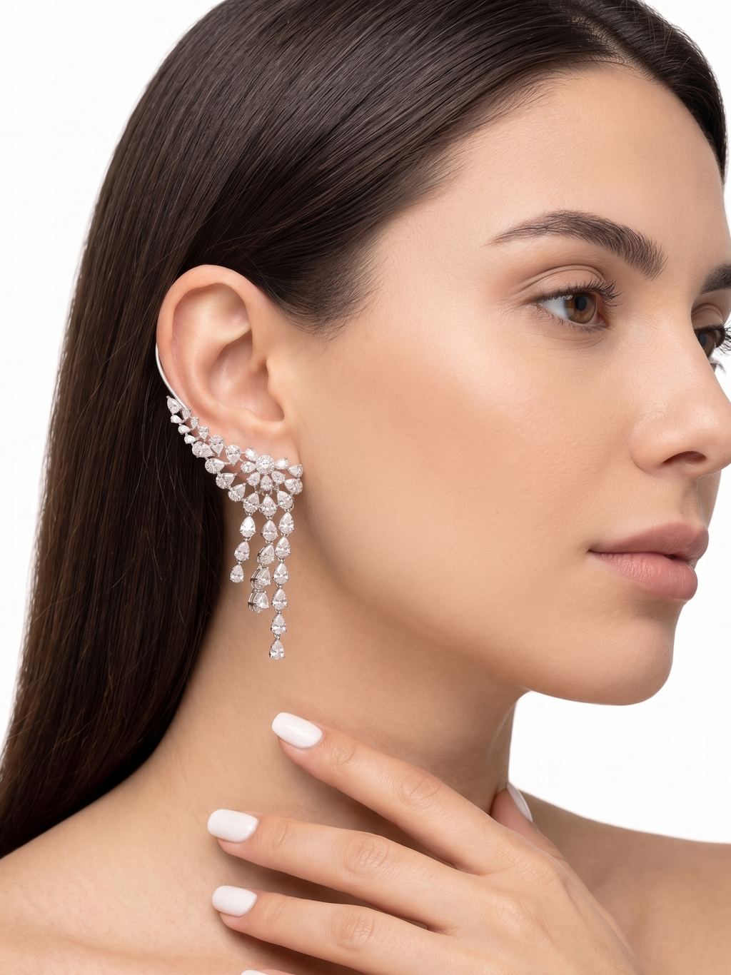 Luxury Floral CZ Ear Cuff Earrings for Women | Silver Tone Statement Ear Climber with Crystal Tassels