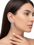 Luxury Floral CZ Ear Cuff Earrings for Women | Silver Tone Statement Ear Climber with Crystal Tassels
