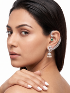 Luxury Peacock CZ Ear Cuff with Pearl Drops & Emerald Green Stone | Statement Ear Climber Earring for Women
