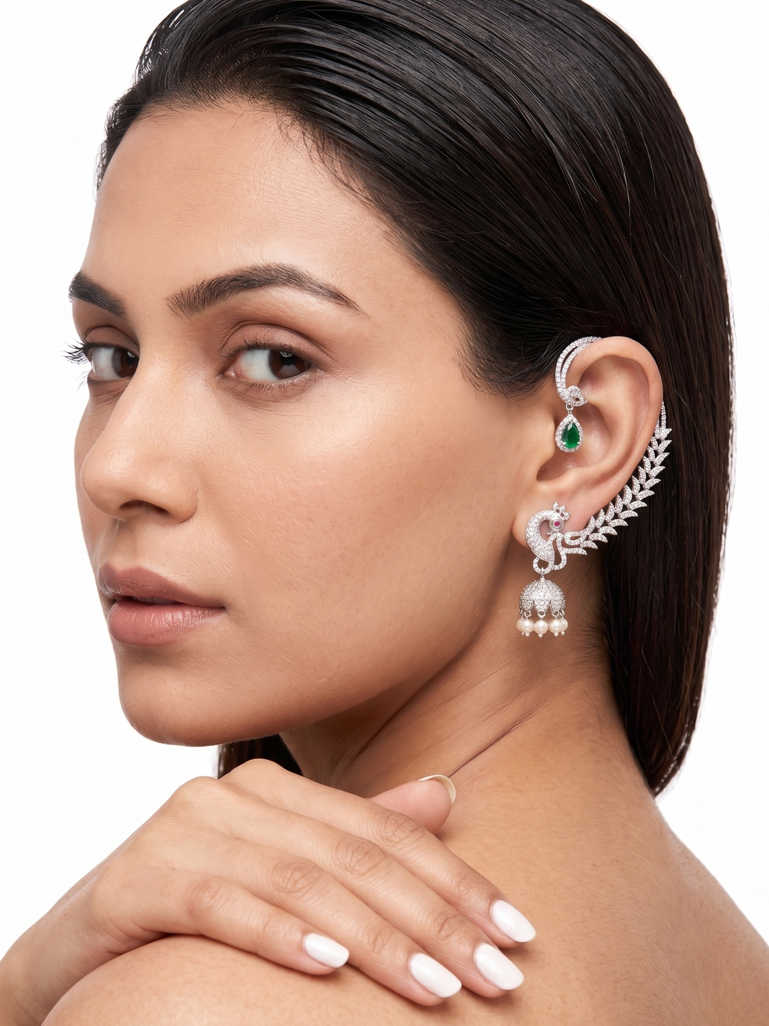 Luxury Peacock CZ Ear Cuff with Pearl Drops & Emerald Green Stone | Statement Ear Climber Earring for Women