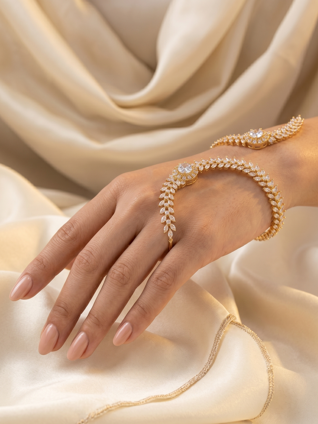 Luxe Bloom CZ Hand Cuff Bracelet for Women | Silver-Tone Cubic Zirconia Statement Hand Bracelet | Party & Bridal Wear