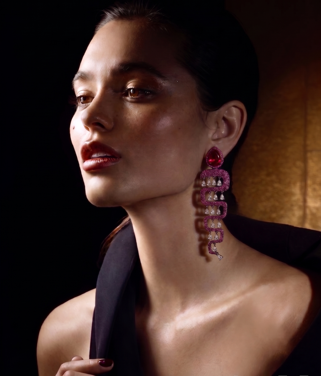 Ruby Red Serpent CZ Statement Drop Earrings for Women