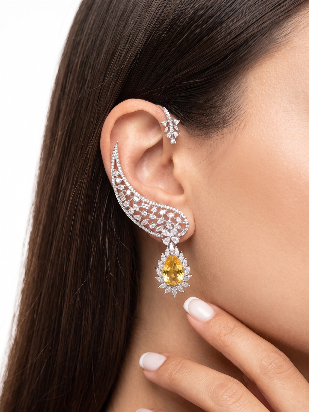 Luxury CZ Ear Cuff Earrings for Women | Statement Crystal Ear Climber with Drop Pendant | Premium Diamond Look Jewellery