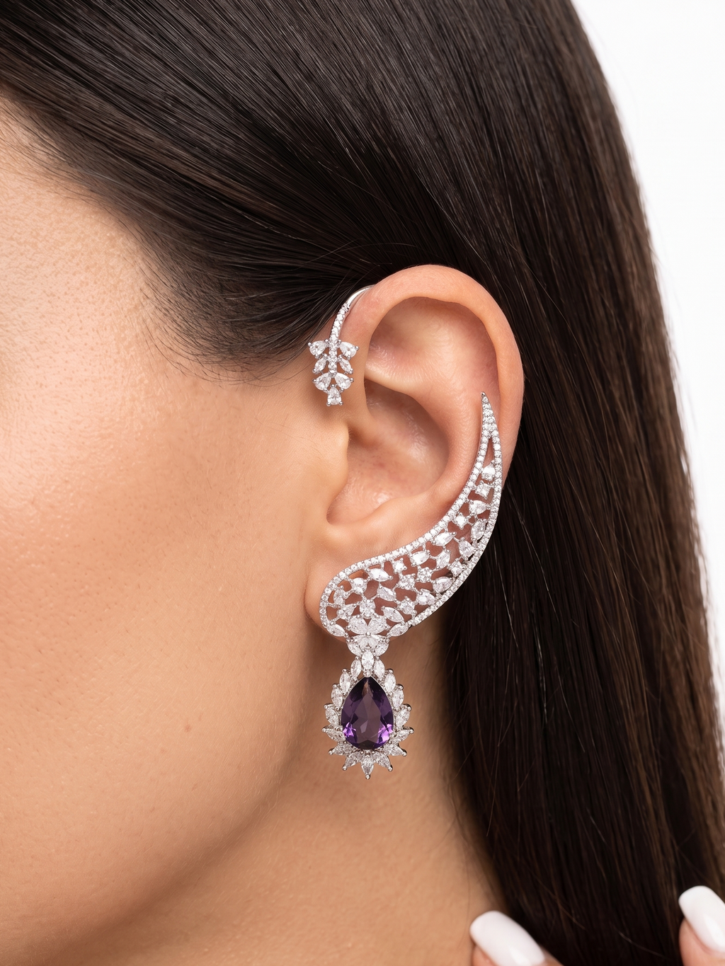 Luxury CZ Ear Cuff Earrings for Women | Statement Crystal Ear Climber with Drop Pendant | Premium Diamond Look Jewellery