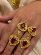 Traditional Gold-Plated Ruby Red Stone Adjustable Ring Pair for Women | Antique Filigree Statement Finger Rings | Ethnic Jewellery Set (Pair of 2)