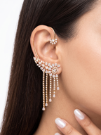 Luxury CZ Ear Cuff with Tassel Drops – Gold Plated Cubic Zirconia Statement Ear Climber for Women