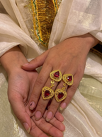 Traditional Gold-Plated Ruby Red Stone Adjustable Ring Pair for Women | Antique Filigree Statement Finger Rings | Ethnic Jewellery Set (Pair of 2)