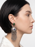 Traditional Oxidized Silver Chandbali Earrings with Green Stone & Tassel Drops for Women