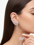 Designer CZ Ear Cuff Earrings for Women | Floral Crystal Ear Climber with Dangling Tassels | Luxury Statement Party Jewellery