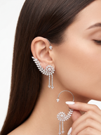 Designer CZ Ear Cuff Earrings for Women | Floral Crystal Ear Climber with Dangling Tassels | Luxury Statement Party Jewellery