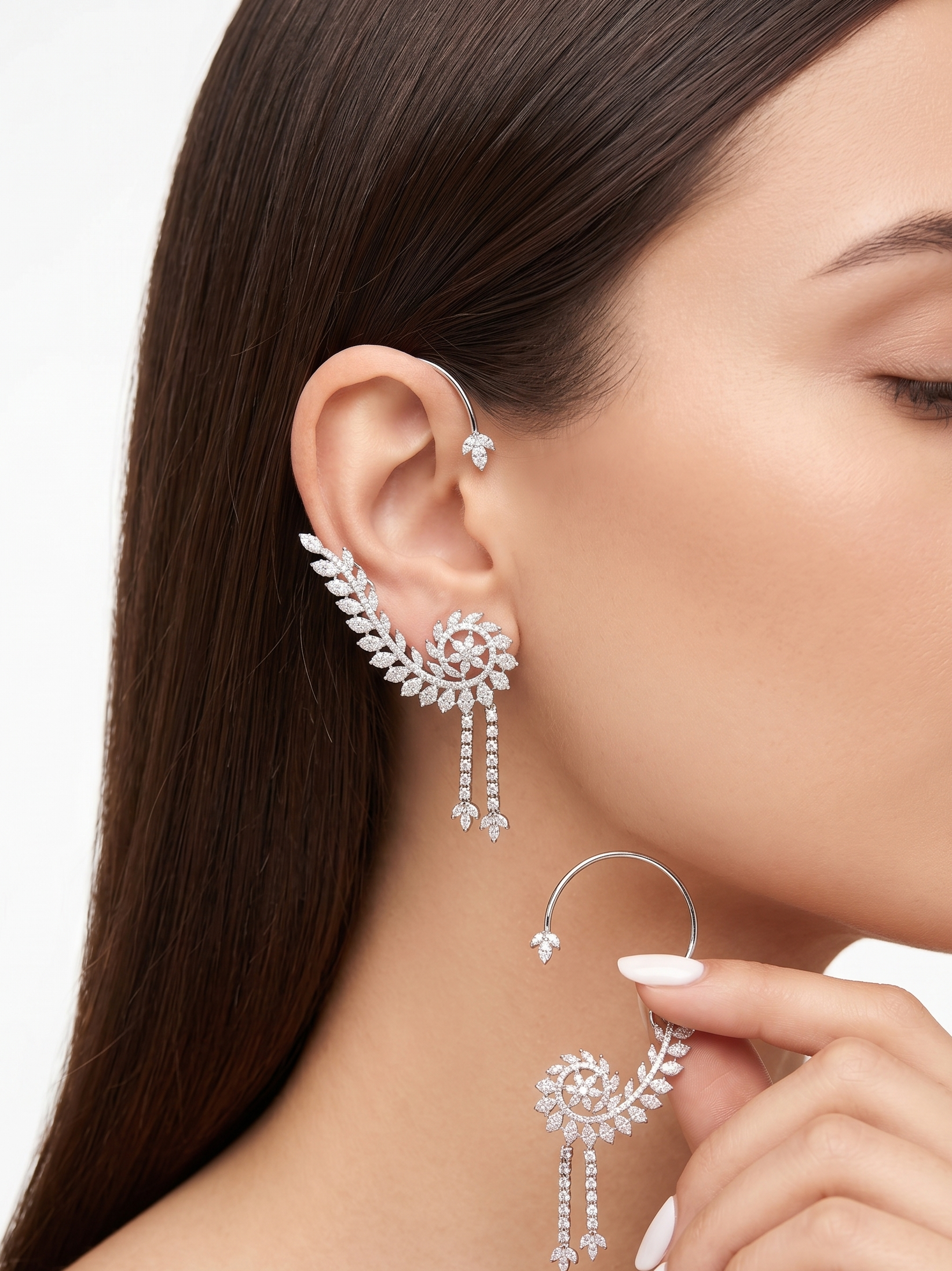 Designer CZ Ear Cuff Earrings for Women | Floral Crystal Ear Climber with Dangling Tassels | Luxury Statement Party Jewellery