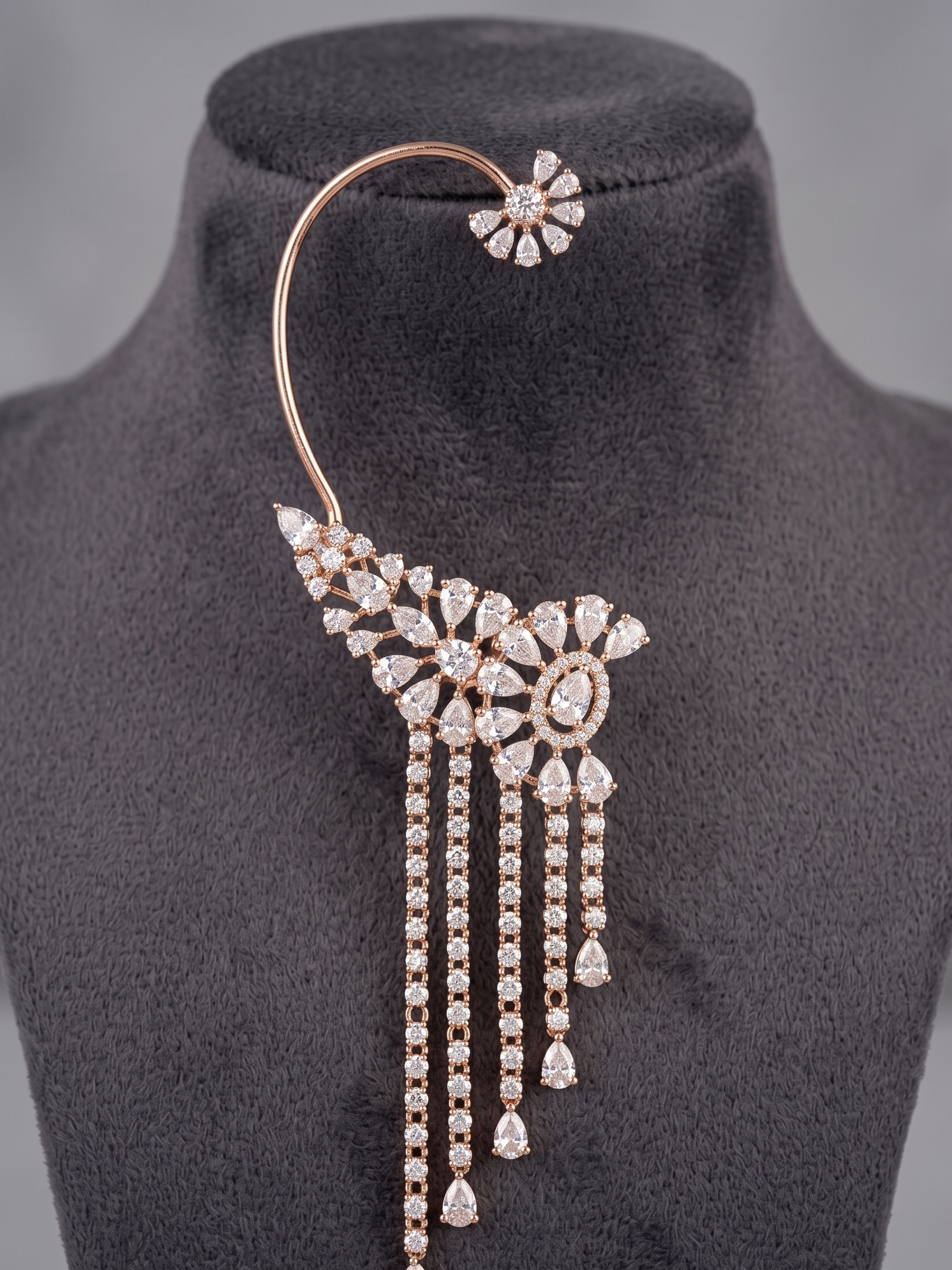 Luxury CZ Ear Cuff with Tassel Drops – Gold Plated Cubic Zirconia Statement Ear Climber for Women