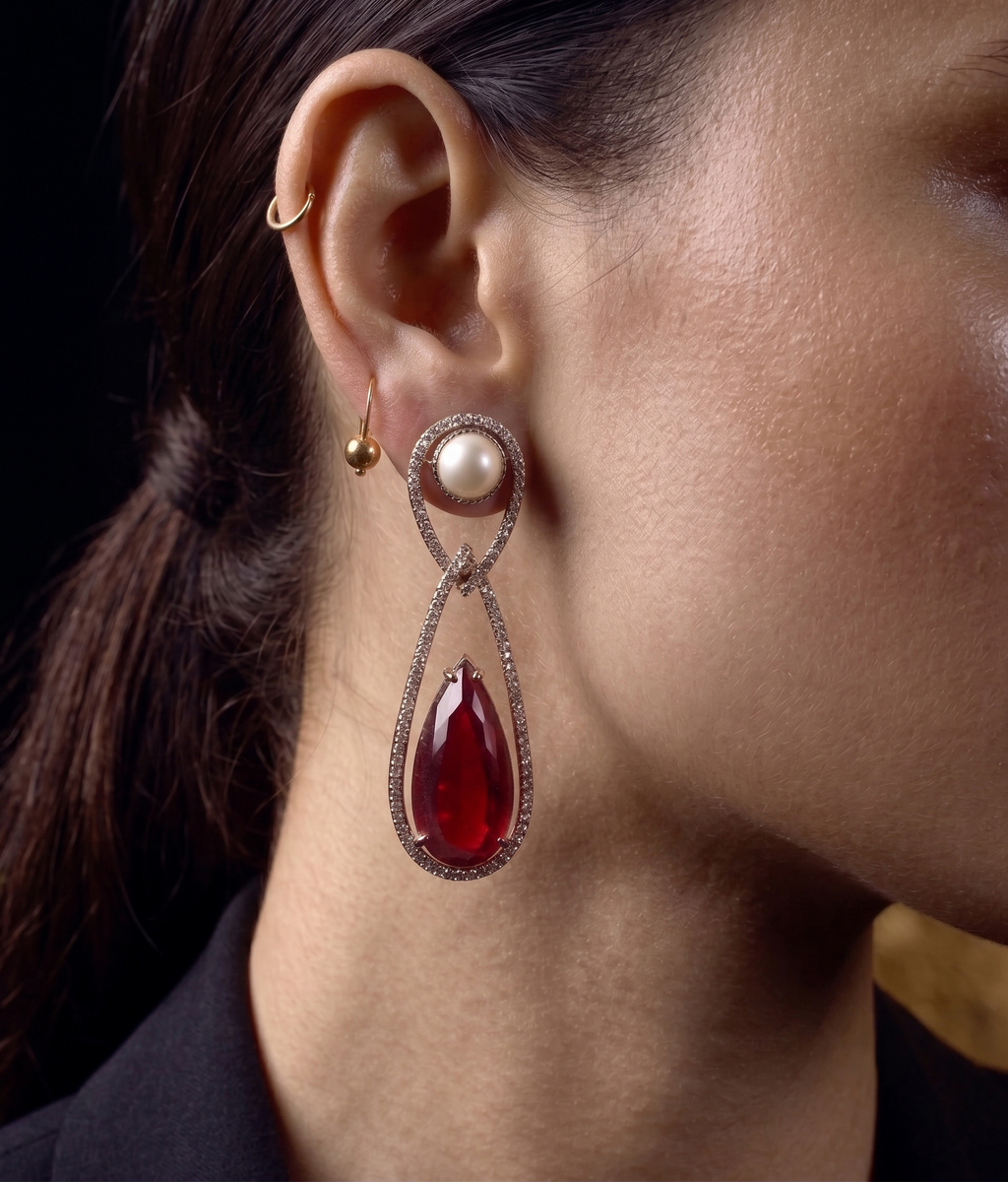 Ruby Pearl Drop CZ Earrings for Women | Luxury Statement Earrings