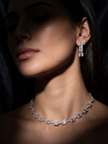 Luxury Geometric Diamond-Inspired Square Link Necklace & Matching Drop Earrings Set