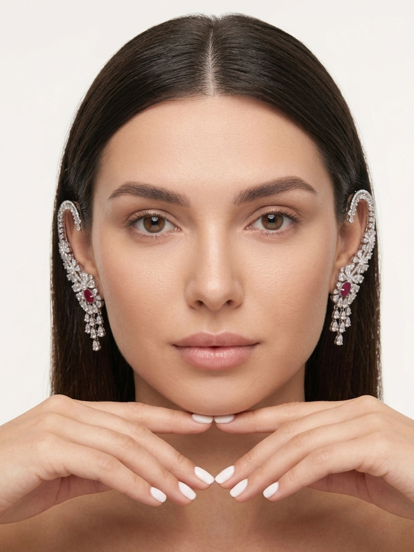 Luxury Ruby Red CZ Ear Cuff for Women | Statement Crystal Ear Climber Earring | Bridal & Party Wear Jewellery