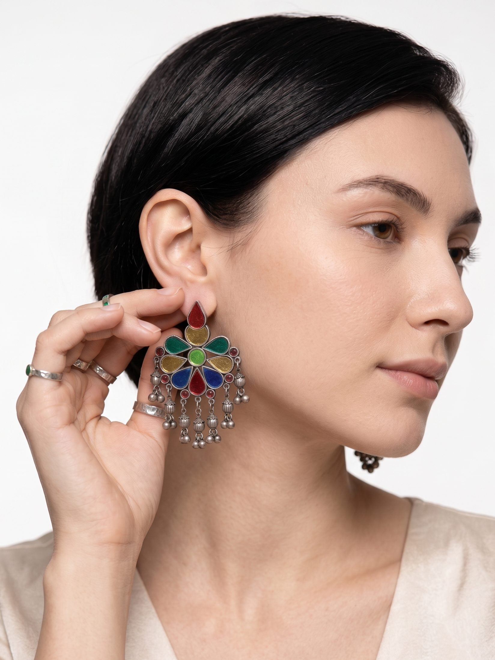 Handcrafted Oxidized Silver-Tone Multicolor Floral Statement Earrings for Women | Boho Ethnic Dangle Earrings