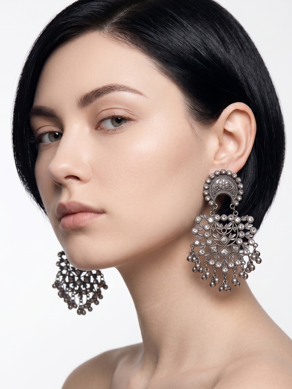 Handcrafted Oxidized Silver Chandbali Earrings for Women | Traditional Boho Statement Dangle Earrings with Ghungroo Drops