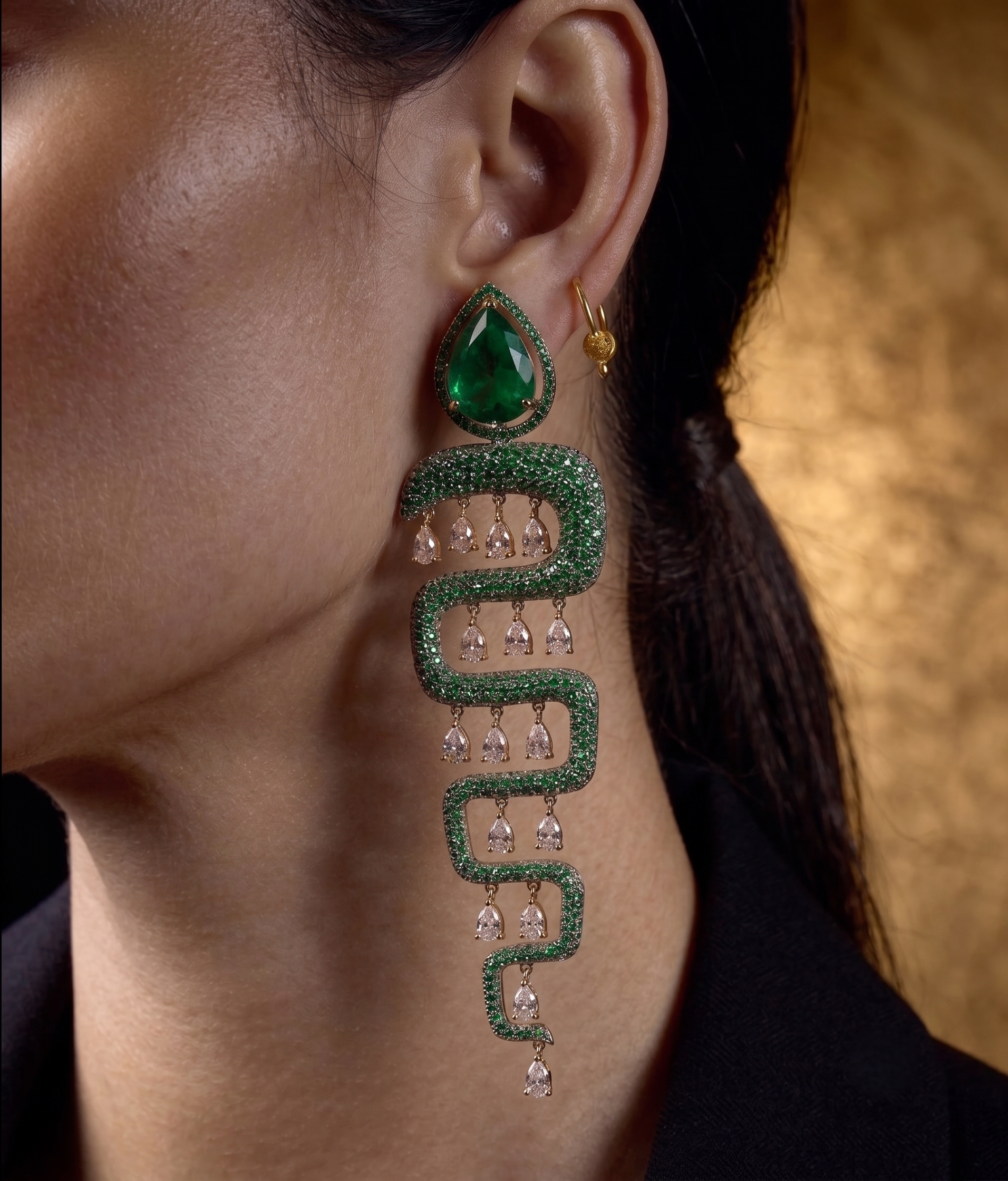 Emerald Green CZ Snake Drop Earrings for Women