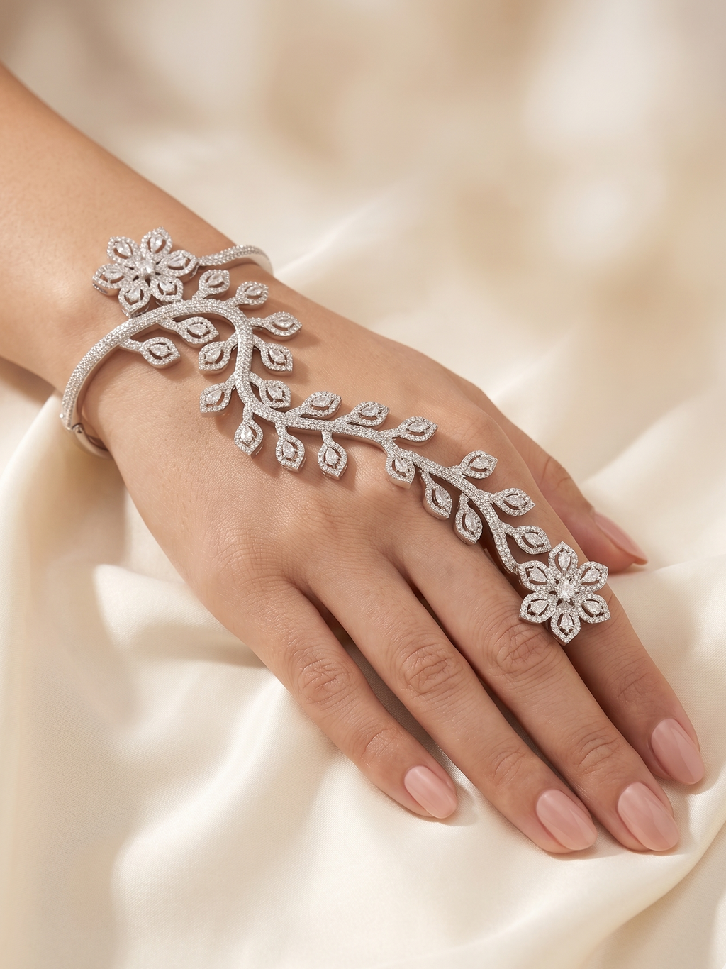 Elegant Floral CZ Hand Harness Bracelet – Silver Finish Cubic Zirconia Hand Cuff Ring for Women