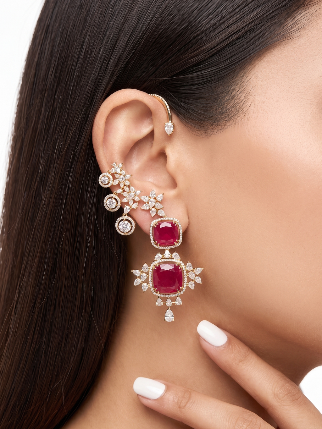 Ruby Red CZ Ear Cuff Earrings for Women | Luxury Floral Ear Climber with Statement Drop Earrings
