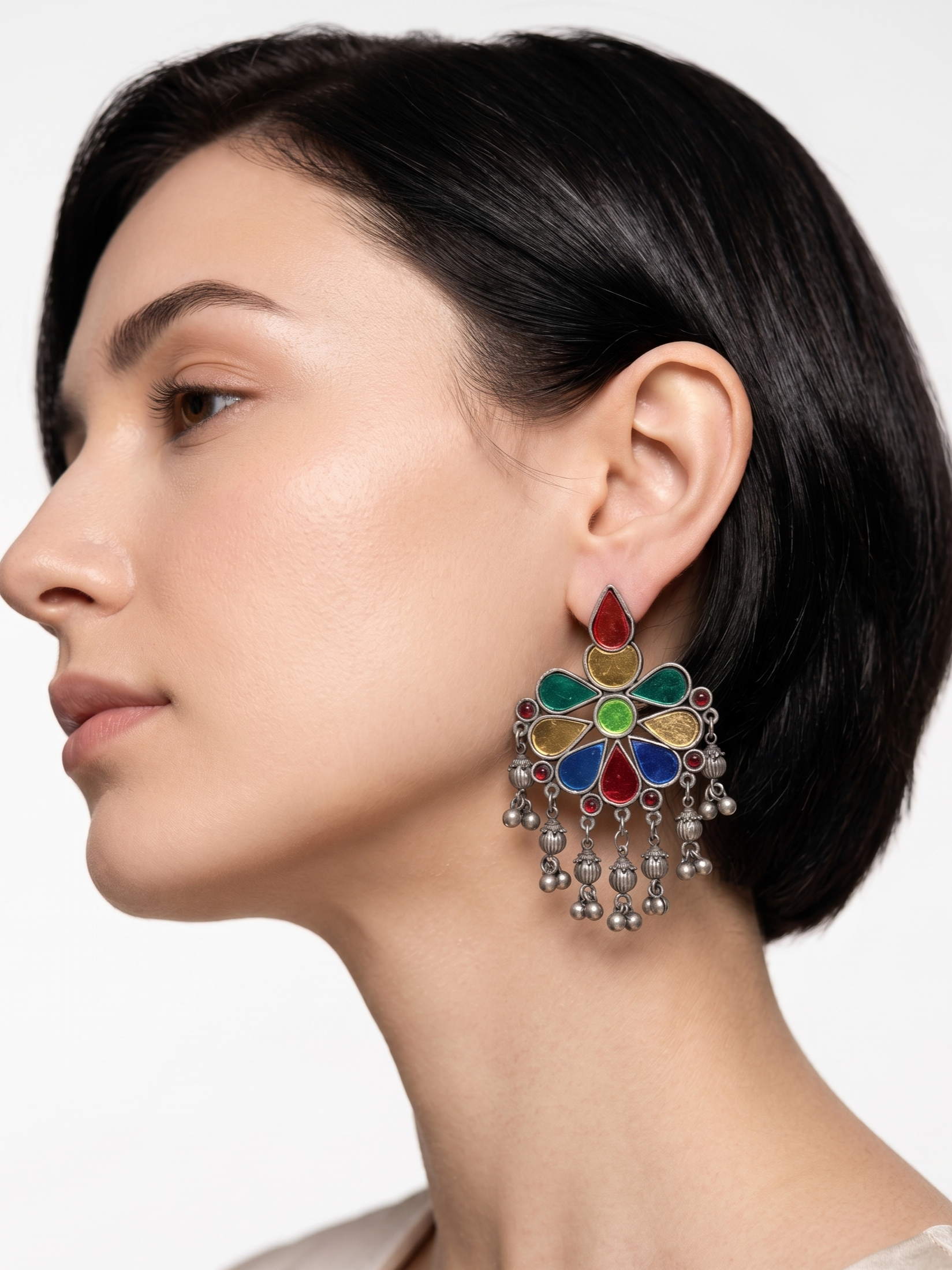 Handcrafted Oxidized Silver-Tone Multicolor Floral Statement Earrings for Women | Boho Ethnic Dangle Earrings