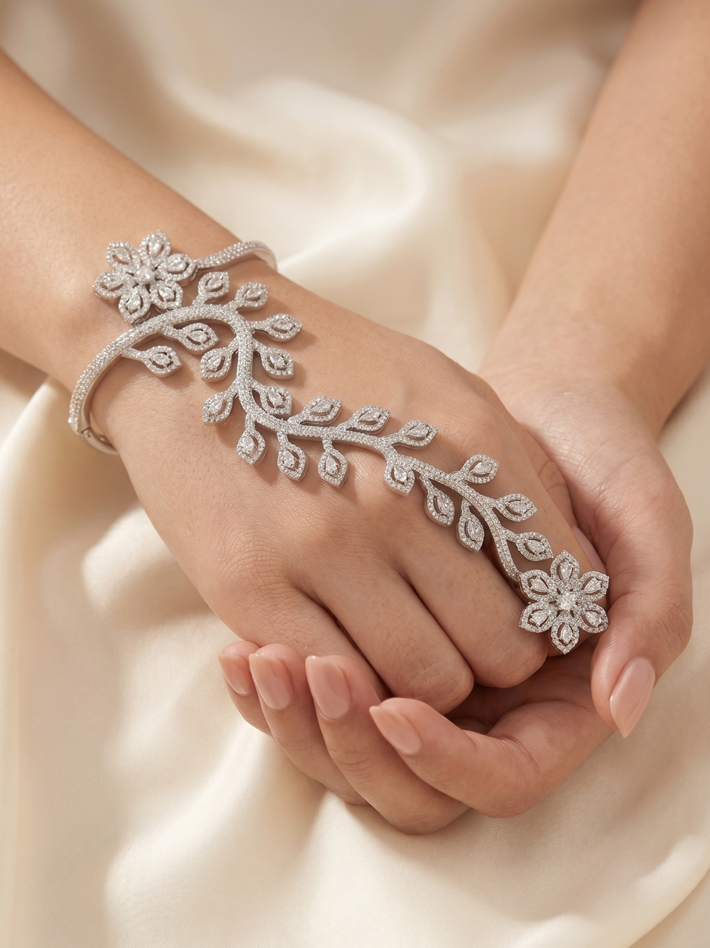 Elegant Floral CZ Hand Harness Bracelet – Silver Finish Cubic Zirconia Hand Cuff Ring for Women