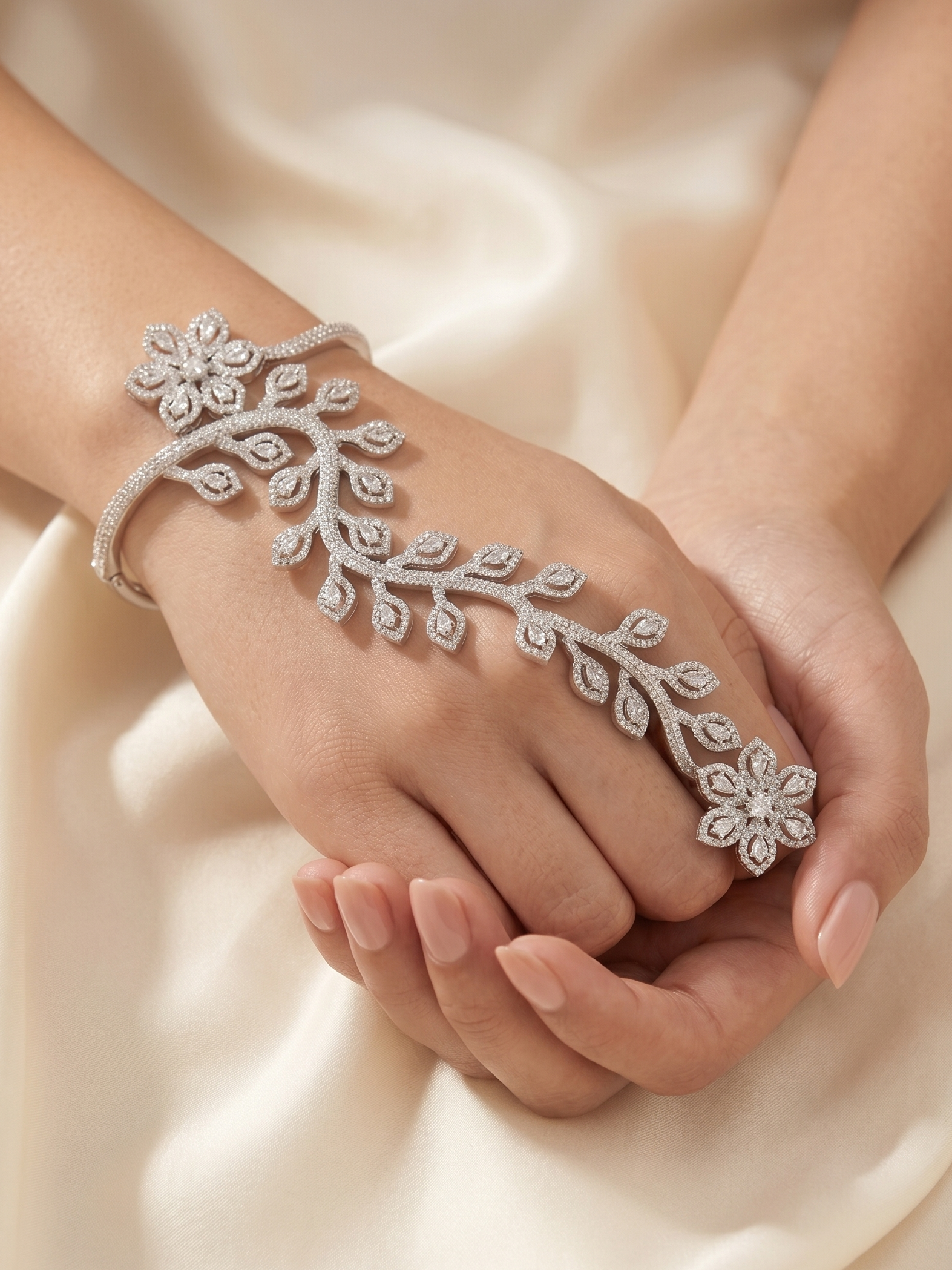 Elegant Floral CZ Hand Harness Bracelet – Silver Finish Cubic Zirconia Hand Cuff Ring for Women