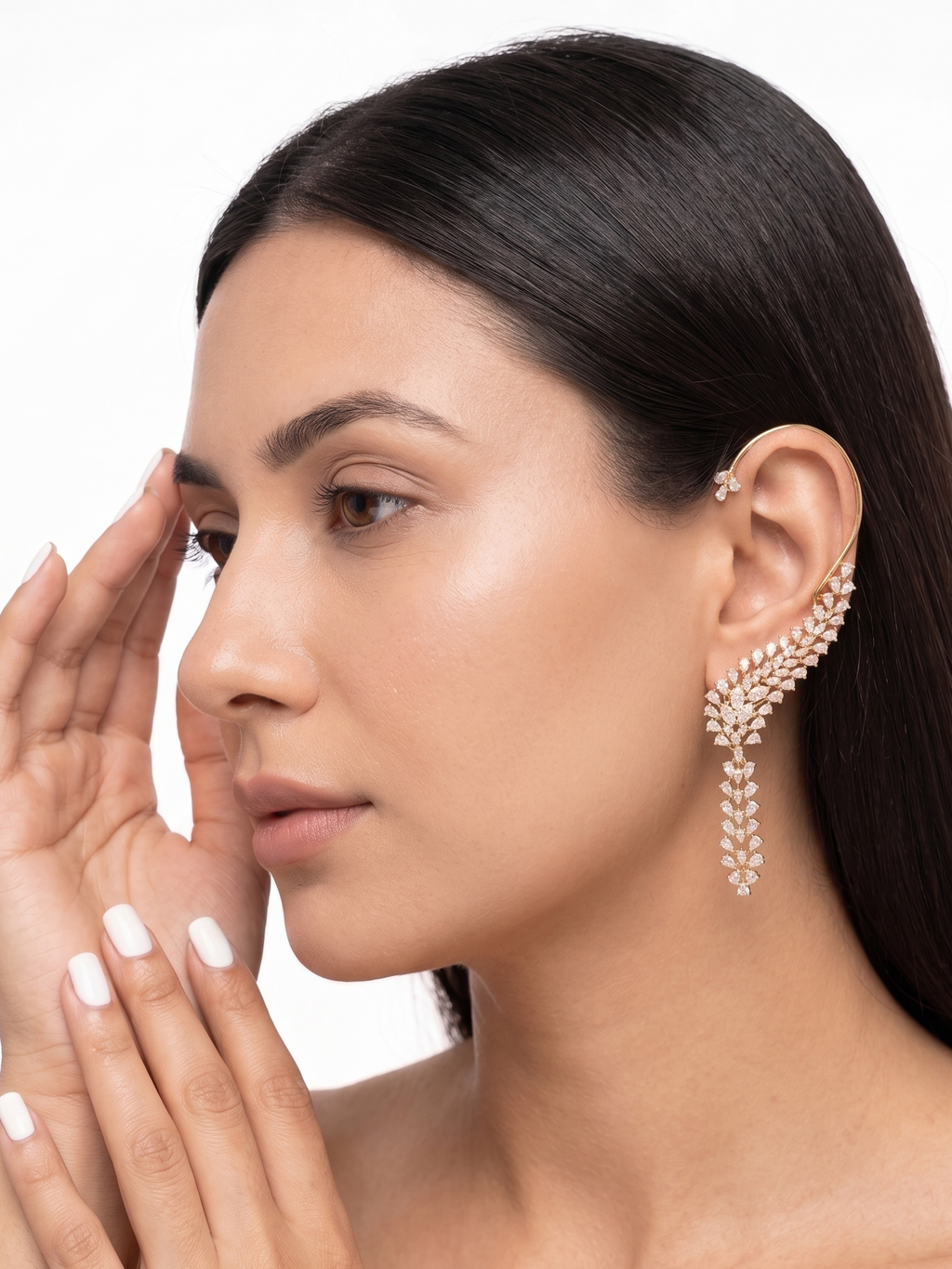 Luxury CZ Ear Cuff Earrings for Women – Statement Cubic Zirconia Ear Climber Cuff | Silver-Tone Bridal & Party Wear Ear Jewelry