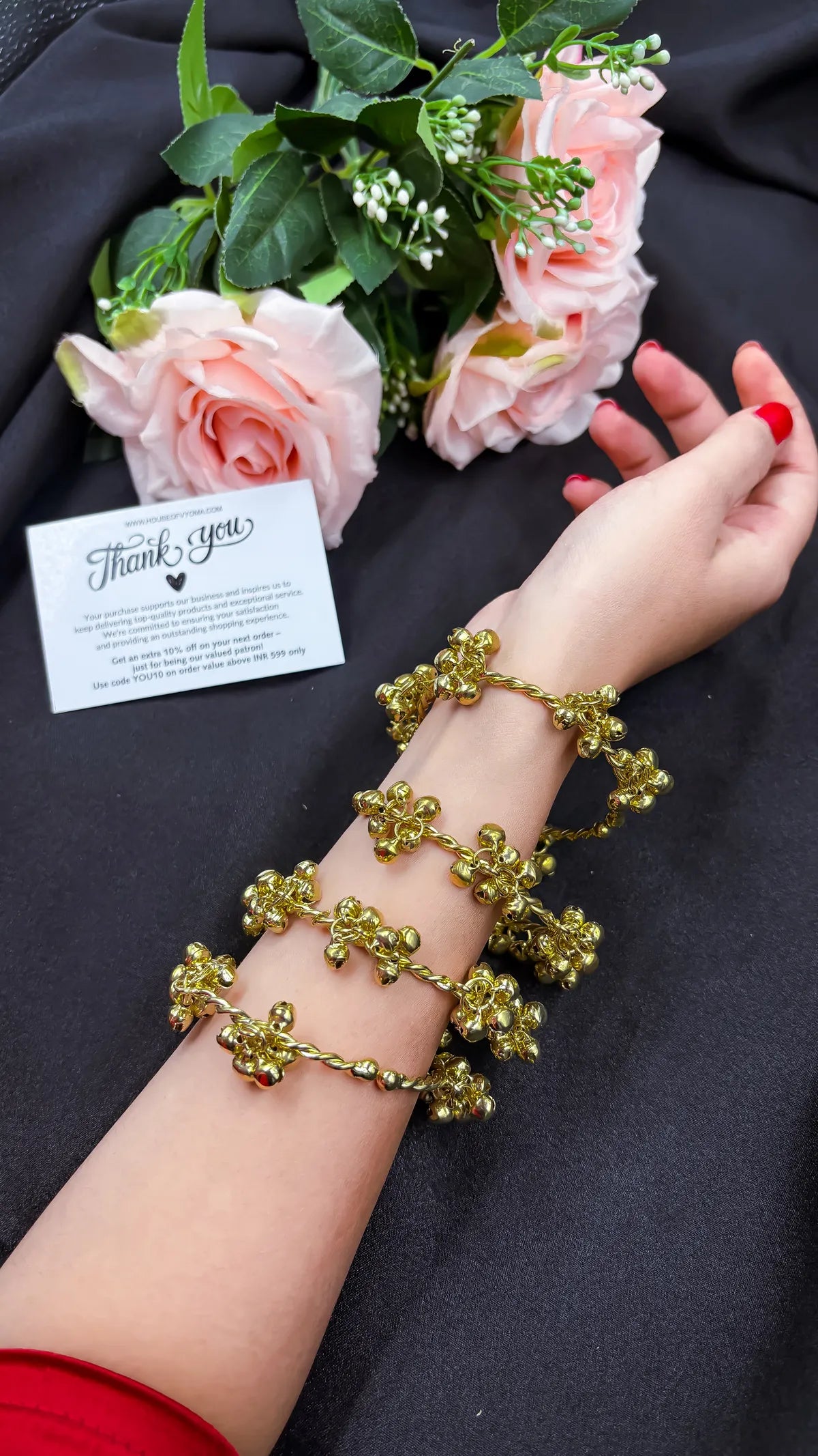 COMBO OF 4 Kashmiri Gold-Plated Traditional Ghungroo Bangles for Women – Ethnic Brass Kada Jewelry with Hanging Beads