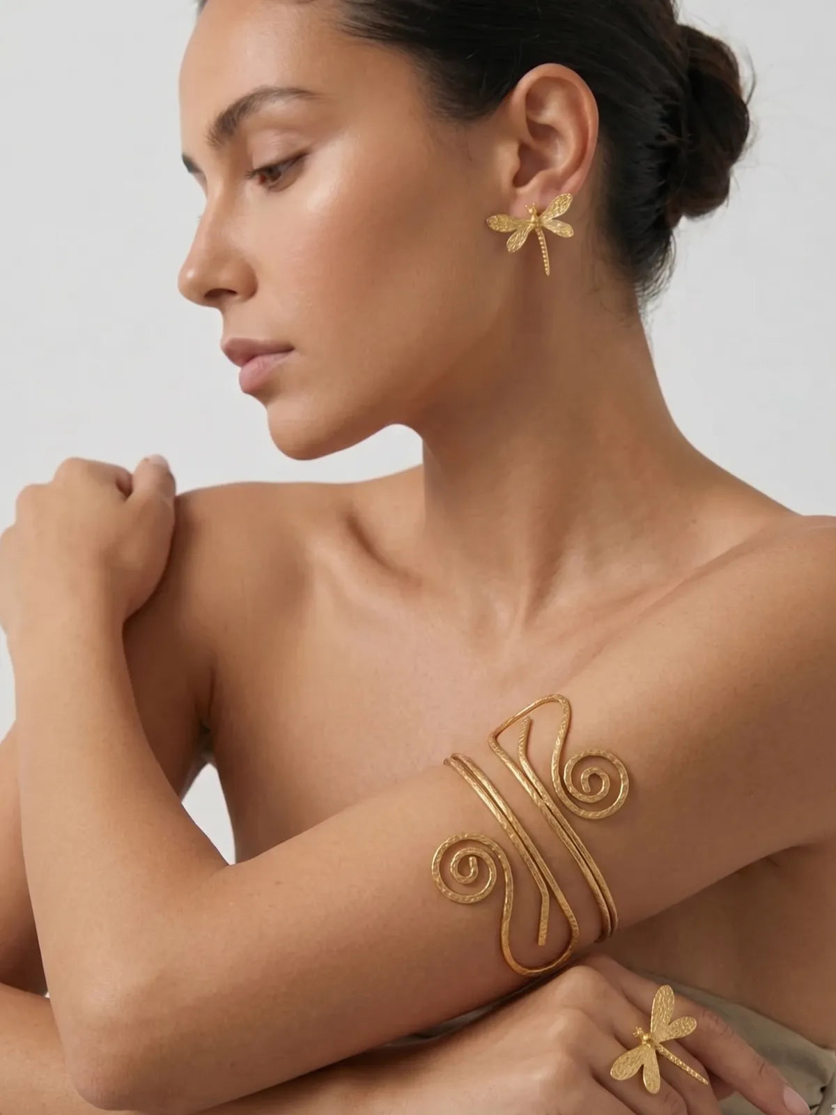 Gold Arm Cuff, Spiral Bracelet & Dragonfly Jewelry Combo – Statement Earring, Hair Pin & Ring Set | Luxe Minimal Collection