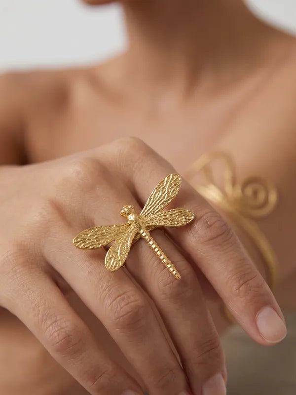 Gold Arm Cuff, Spiral Bracelet & Dragonfly Jewelry Combo – Statement Earring, Hair Pin & Ring Set | Luxe Minimal Collection