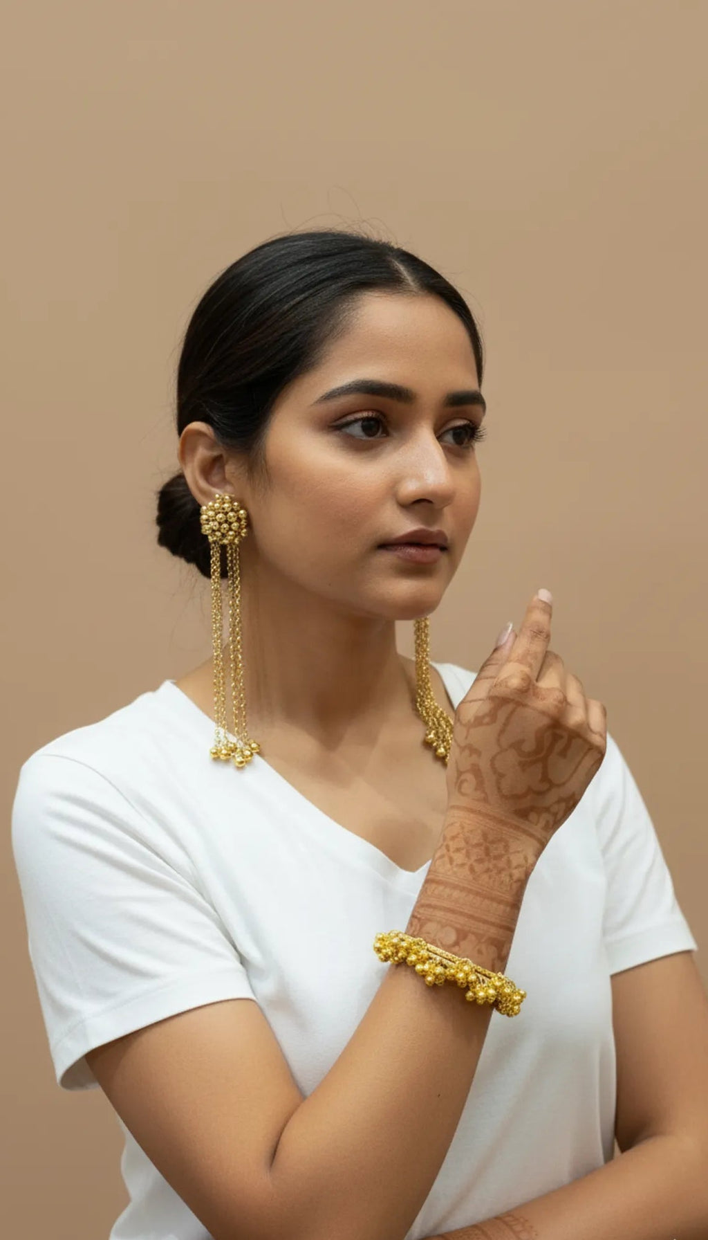 COMBO Gold Beaded Long Earrings & Bracelet Set for Women – Traditional Indian Jewelry with Modern Style