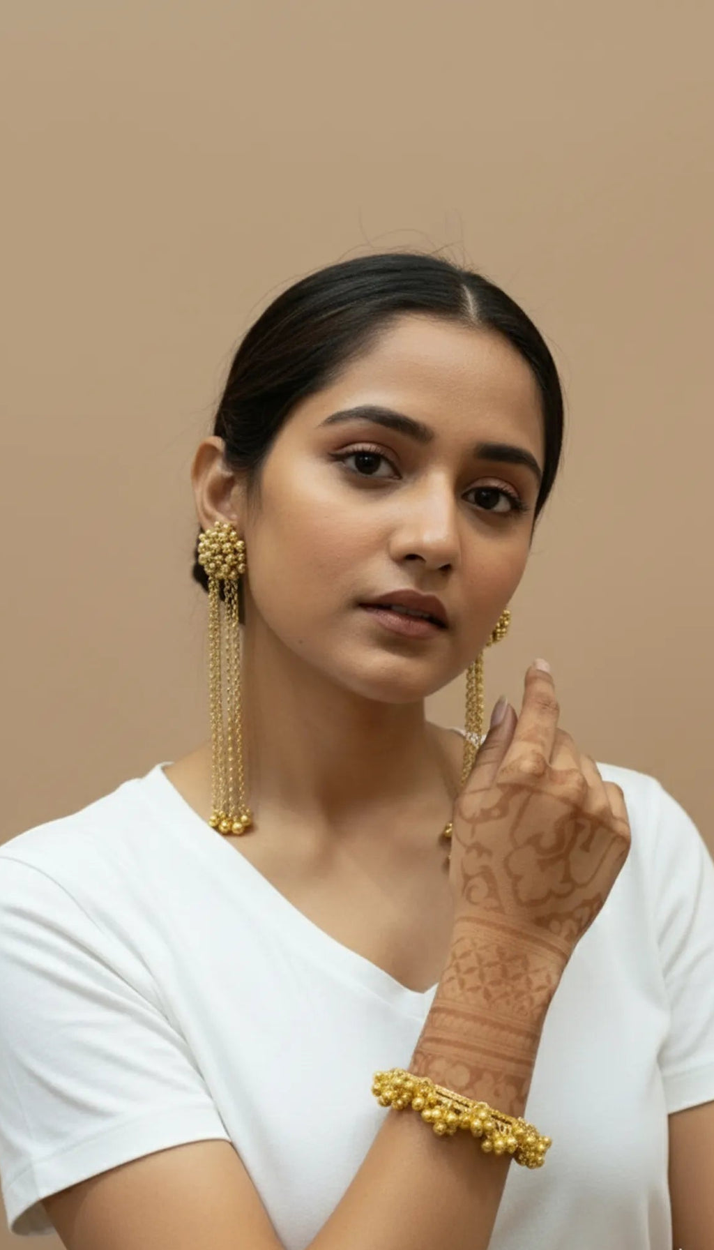 COMBO Gold Beaded Long Earrings & Bracelet Set for Women – Traditional Indian Jewelry with Modern Style