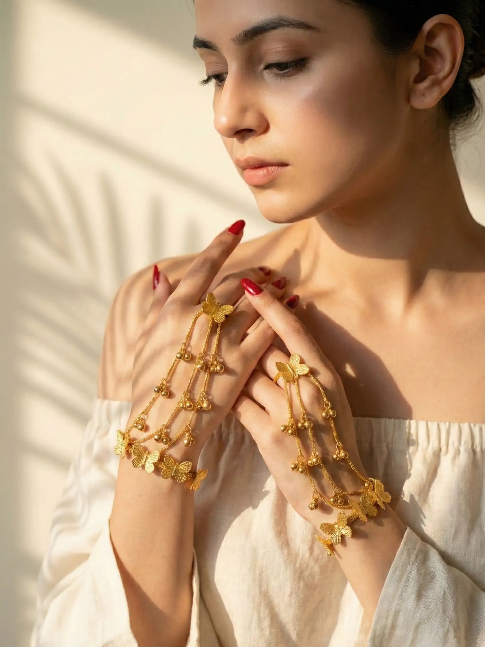 Gold Butterfly Hand Chain Bracelet Ring Set – Boho Statement Hathphool Jewelry for Women | Adjustable Hand Harness with Dangling Charms