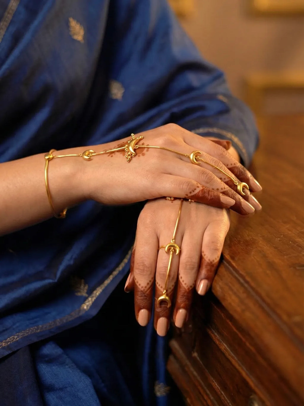 Gold Crescent Moon Hathphool for Women – Minimal Bridal Hand Harness Jewellery