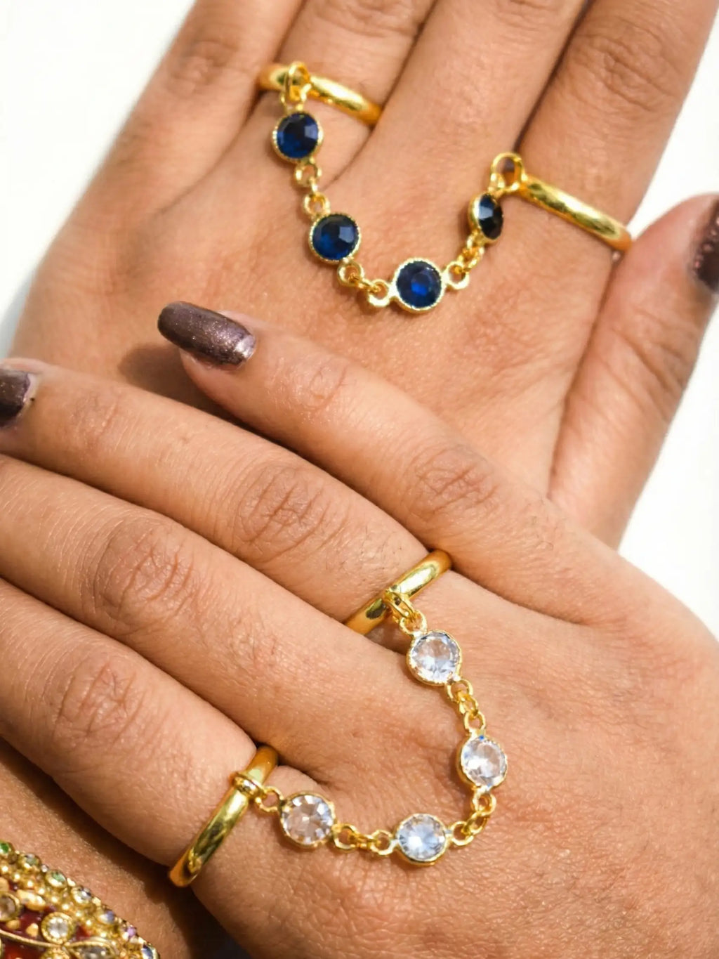 Gold Finger Ring Chain Bracelet | Adjustable Hand Harness with Blue & White Stones for Women