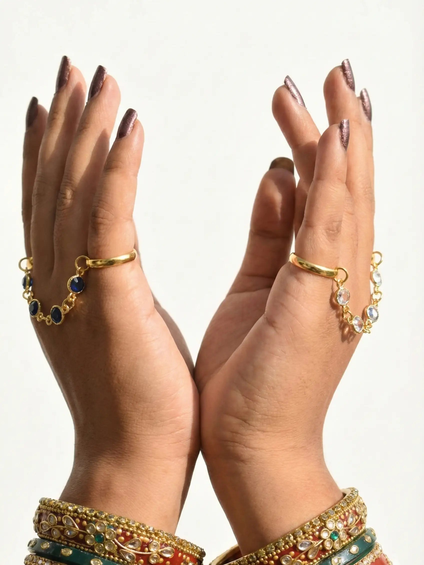 Gold Finger Ring Chain Bracelet | Adjustable Hand Harness with Blue & White Stones for Women