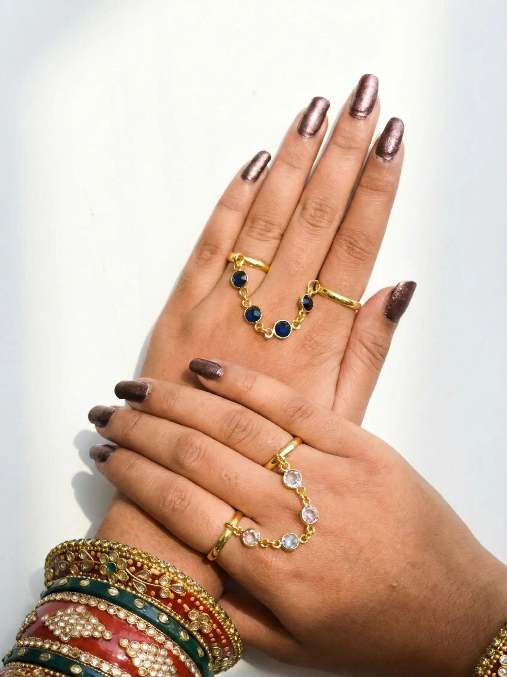 Gold Finger Ring Chain Bracelet | Adjustable Hand Harness with Blue & White Stones for Women